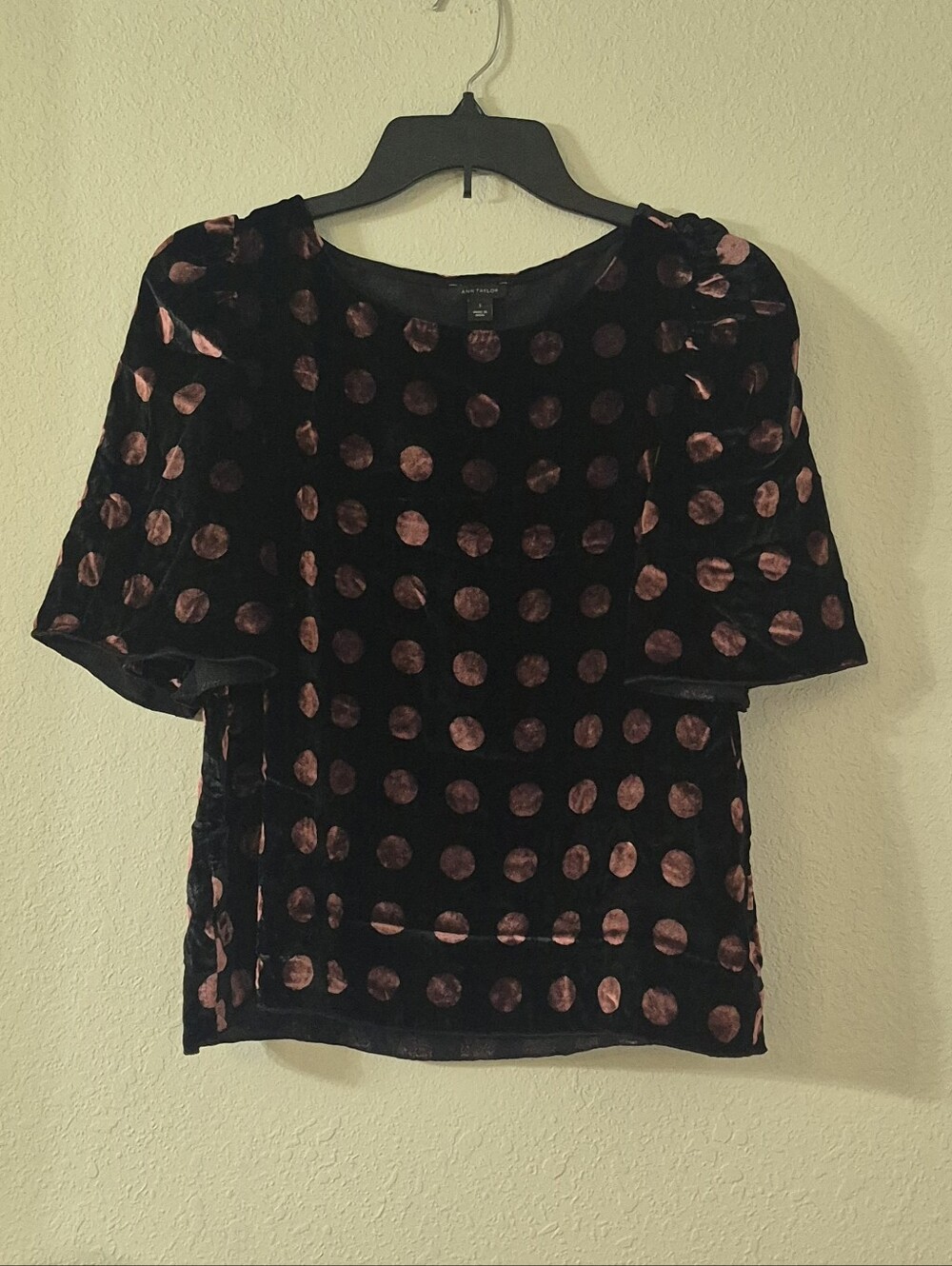 Ann Taylor Black Velvet Polka Dot Short Sleeve Blouse with Rose Dots